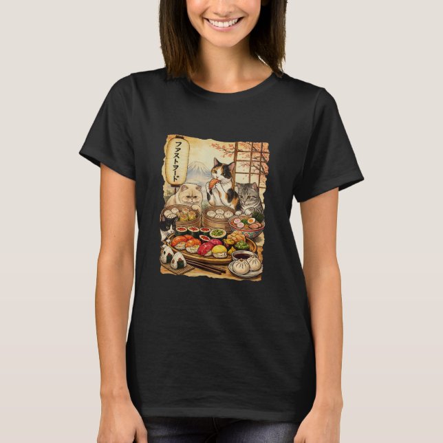 Camiseta Kawaii de Gato Preto Comendo Sushi (Frente)