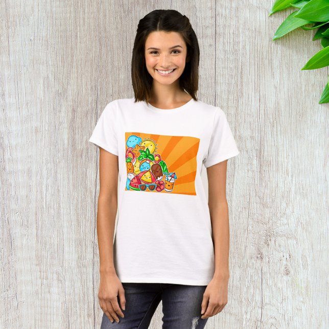 Camiseta Kawaii Desenhos de Verão Sol Praia e Tropical (Criador carregado)