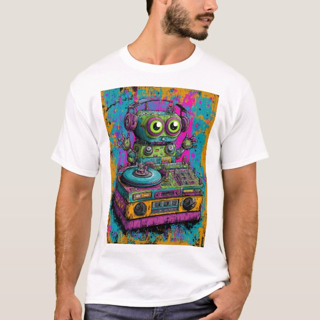 Camiseta Kawaii DJ Robot — Neon Splatter Turntable Art (Frente)