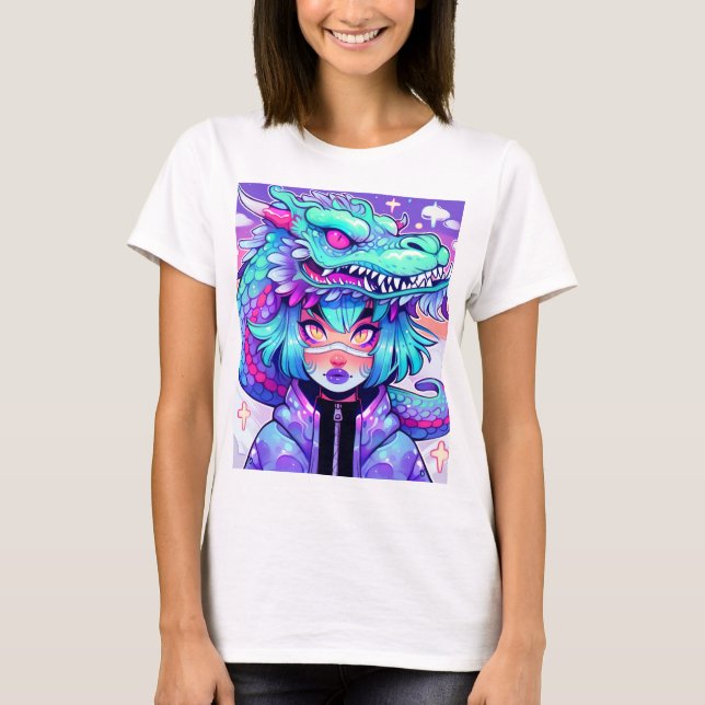 Camiseta Kawaii Dragon Headdress Girl in Vaporwave Skies (Frente)