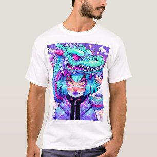 Camiseta Kawaii Dragon Headdress Girl in Vaporwave Skies