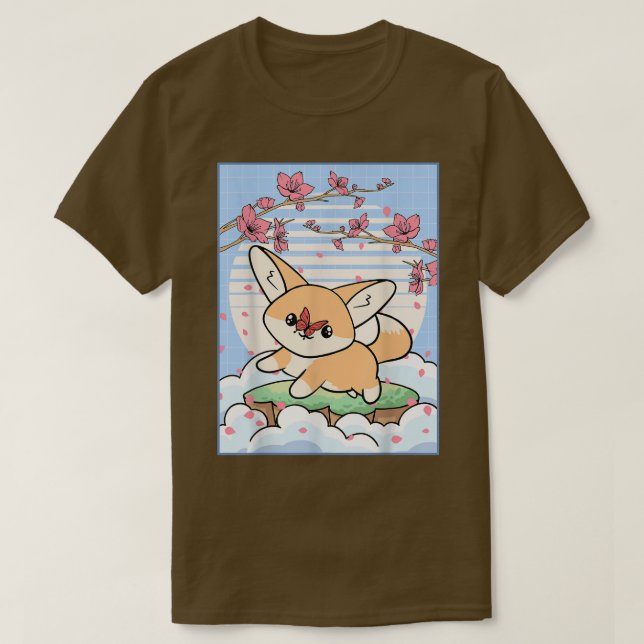 Camiseta Kawaii Fennec Fo Cherry Blossom Japonês (Frente do Design)