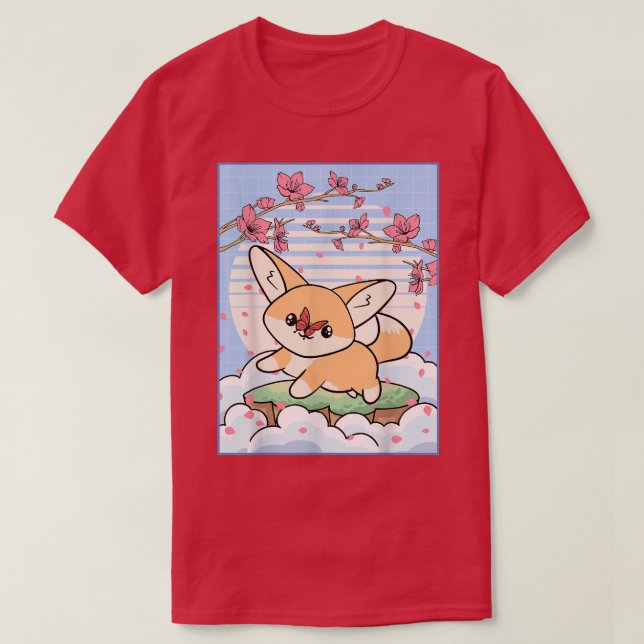 Camiseta Kawaii Fennec Fox Cherry Blossom Japonês Aestheti (Frente do Design)