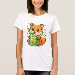 Camiseta Kawaii Fox com Matcha Latte - Chá Verde