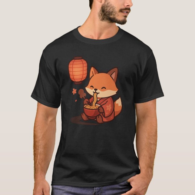 Camiseta Kawaii Fox Eating Ramen - Lanterna Japonesa Cuta (Frente)