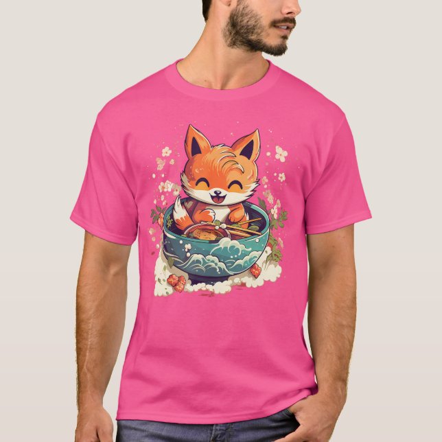 Camiseta Kawaii Fox Eating Ramen Ramen Noodle Lovers Fox-Th (Frente)