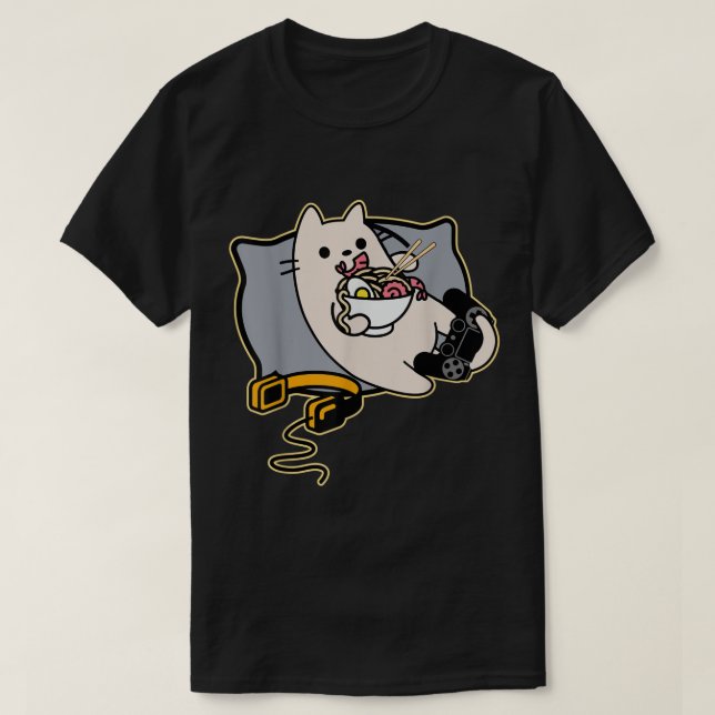 Camiseta Kawaii Gamer Cat Eating Ramen (Frente do Design)