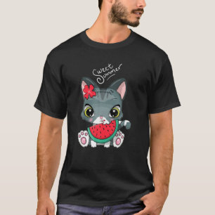 Camiseta Kawaii Gato Gelado Gelado Melancia Sweet Summer Ki