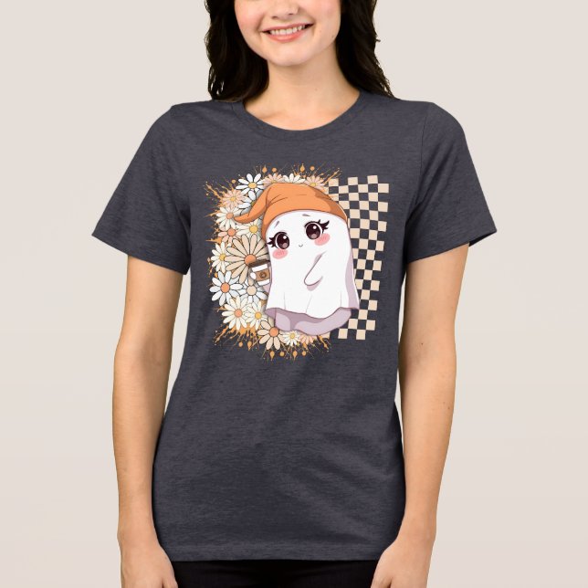 Camiseta Kawaii Ghost com café e margaridas - Cute Cozy (Frente)