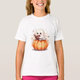 Camiseta Kawaii Ghost Reading on Pumpkin - Bonito Halloween