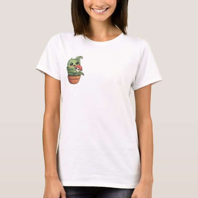 Camiseta Kawaii Green Moss Creature Hugging Little Mushroom (Frente)