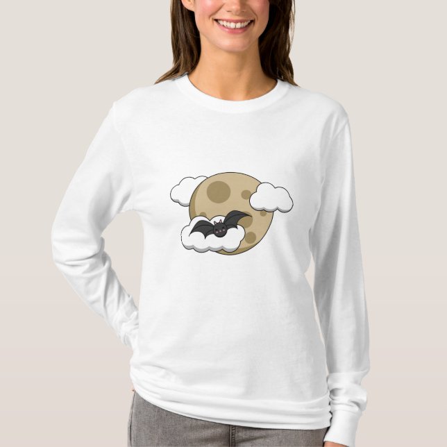 Camiseta Kawaii Happy Bat Voando em Lua Cheia (Frente)