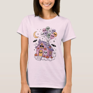 Camiseta Kawaii Hauni House com Balões de Crânio e Fantasma