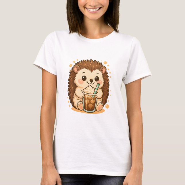 Camiseta Kawaii Hedgehog com café gelado - Café Cute (Frente)