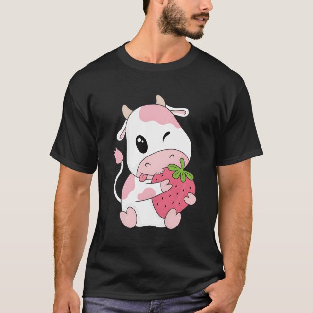 Camiseta Kawaii - Impressão de vaca de morango (Frente)