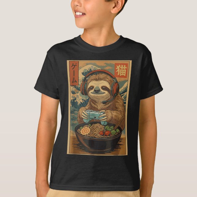 Camiseta Kawaii Japanese Ramen Sloth Retro Gaming Shirts Fo (Frente)