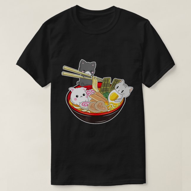 Camiseta Kawaii Japonês Anime Cat Hoodie Bowl Ramen Noodle (Frente do Design)