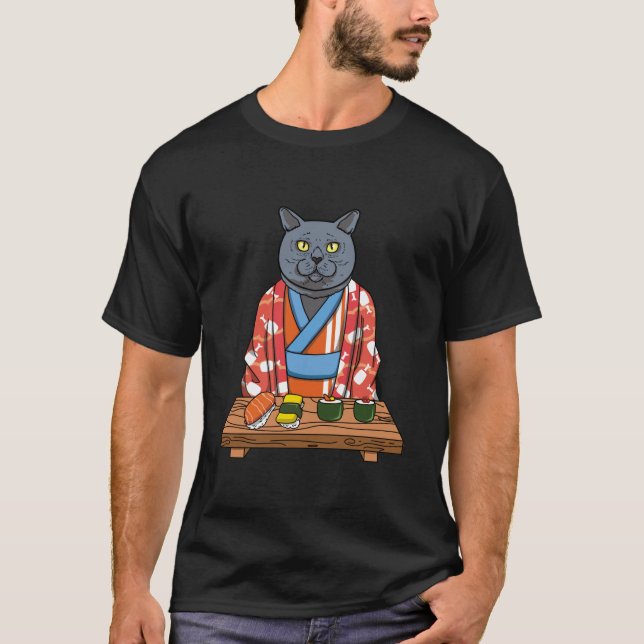 Camiseta Kawaii, japonês, British Shorthair Cat Kimono Sush (Frente)