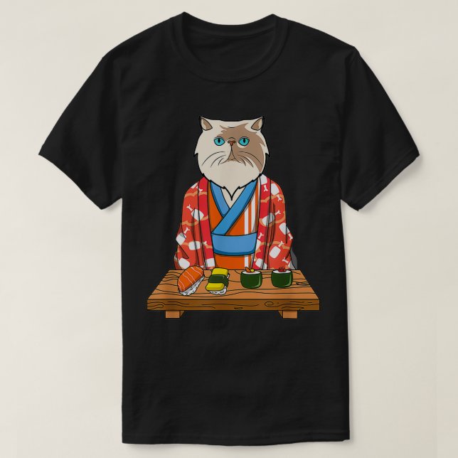 Camiseta Kawaii Japonês Cat Kimono Sushi (Frente do Design)
