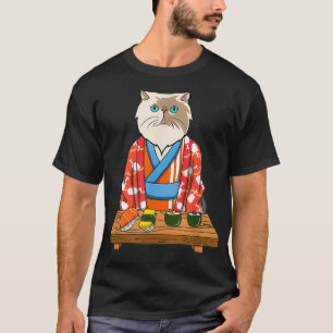 Camiseta Kawaii Japonês Cat Kimono Sushi