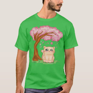 Camiseta Kawaii Japonês Cherry Blossom Sakura Cute Cat Ani