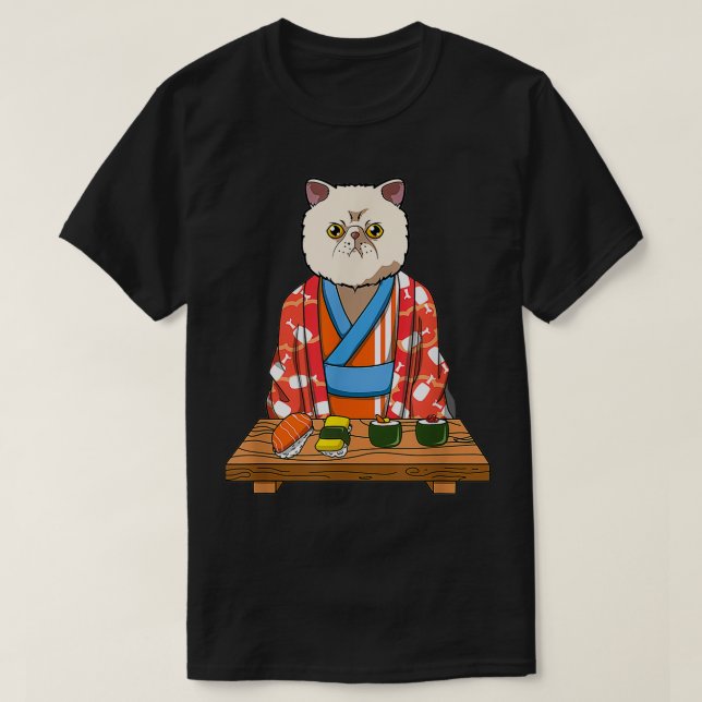 Camiseta Kawaii Japonês Eotic Shorthair Cat Kimono Sushi (Frente do Design)