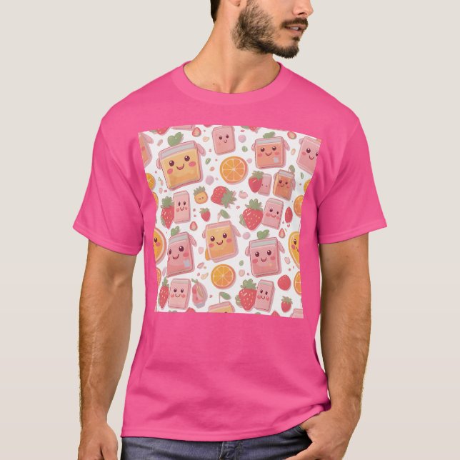 Camiseta Kawaii Juice Box Padrão Morangos Cachorros Orangos (Frente)
