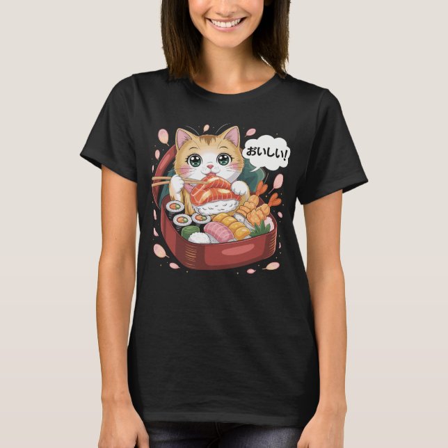 Camiseta Kawaii Katze mit Sushi (Frente)