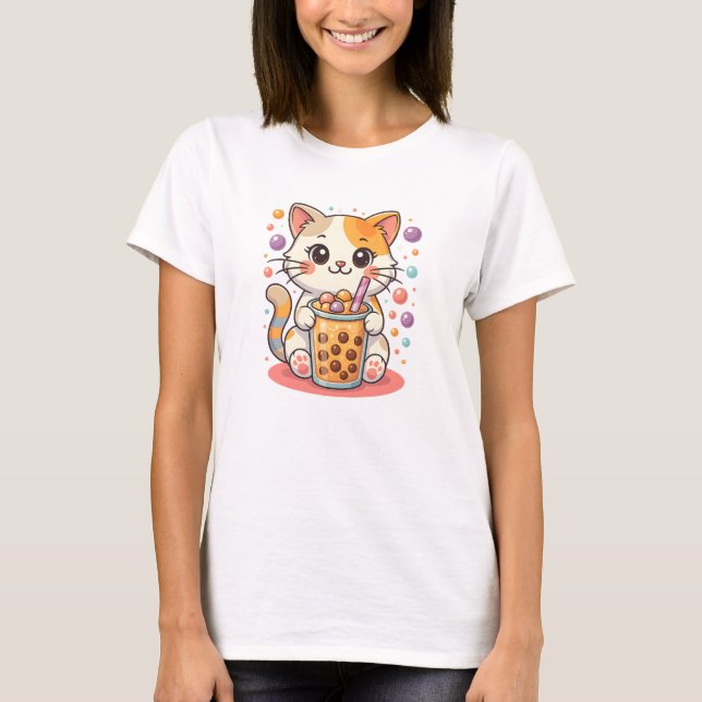 Camiseta Kawaii Kitten Bubble Tea - Cute Calico Cat Boba (Frente)