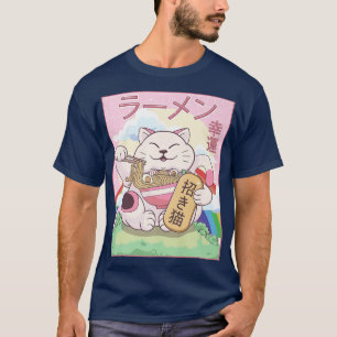 Camiseta Kawaii Maneki Neko Cat Ramen Noodles Japão Aest