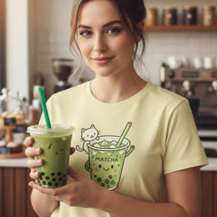 Camiseta Kawaii Matcha Bubble Tea Cat Gráfico de Bebidas Gr