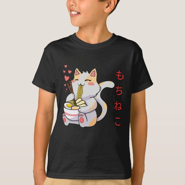 Camiseta Kawaii Mochi Neko Cat Comendo Sushi (Frente)