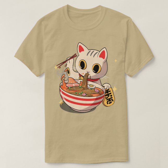 Camiseta Kawaii Neko Cat Kitten Ramen Noodle Japonês (Frente do Design)