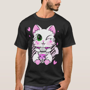 Camiseta Kawaii Neko Cat Rosa Tapioca Boba Gatinho Chá