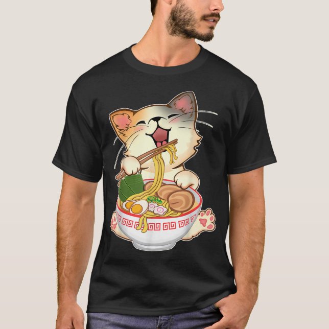 Camiseta Kawaii Neko Ramen Cute Ramen Cat Noodle Japonês F (Frente)