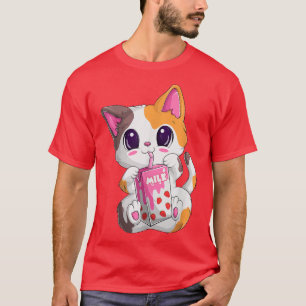 Camiseta Kawaii Neko Strawberry Milk Para Mulheres e Menina