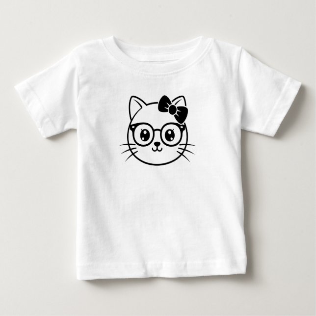 Camiseta Kawaii Nerdy Cat Face with Glasses and Bow Line Ar (Frente)