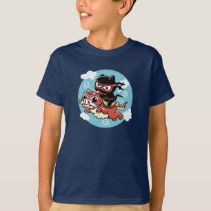 Camiseta Kawaii Ninja Cat Andando um Dragão Vermelho