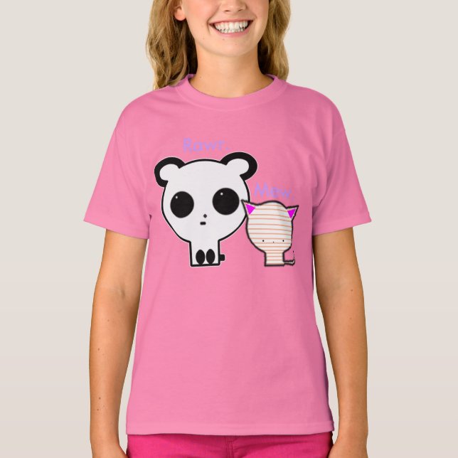Camiseta Kawaii Panda e Gatinho (Frente)