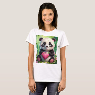 Camiseta Kawaii Panda Segurando Coração em uma Floresta de 