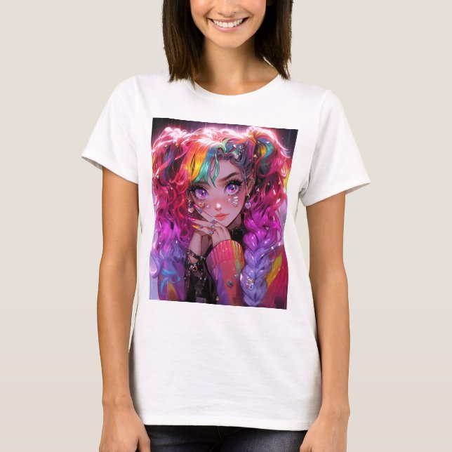Camiseta Kawaii Rainbow Hair Braids Anime Girl (Frente)