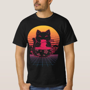 Camiseta Kawaii Ramen Neko Retro Cat Anime Noodle Japonês