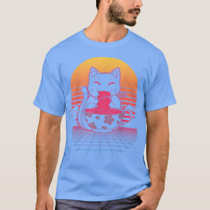 Camiseta Kawaii Ramen Neko Retro Cat Anime Noodle Japonês