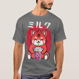 Camiseta Kawaii Red Panda Bebendo Strawberry Milk Bubble T