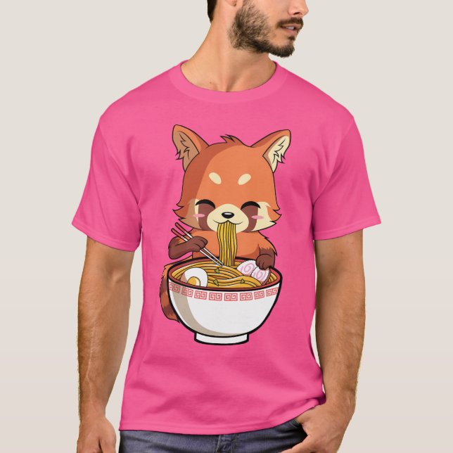 Camiseta Kawaii Red Panda Comendo Ramen Japonês (Frente)