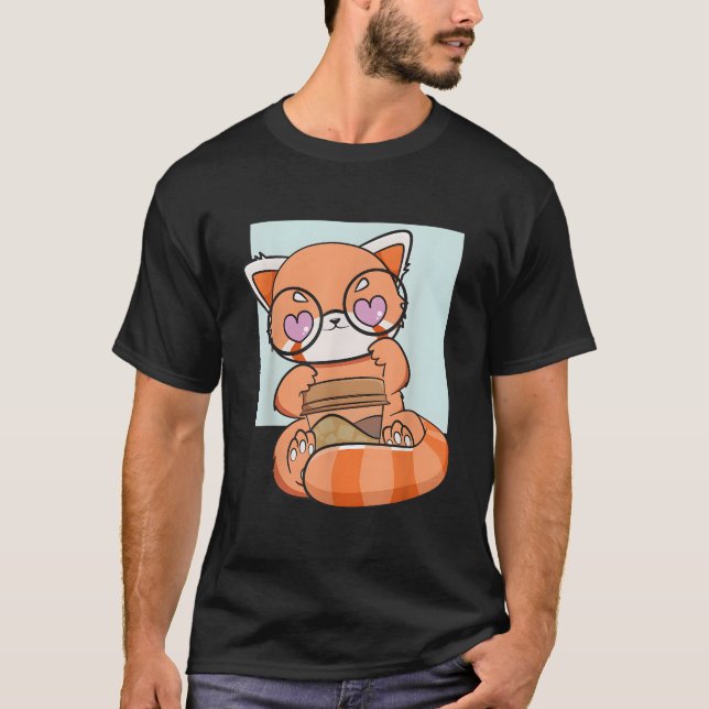Camiseta Kawaii Red Panda Drinking Coffee Anime Bear (Frente)