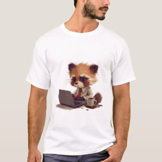 Camiseta Kawaii Red Panda Trabalhando no Laptop com Café Sp