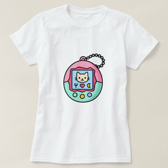 Camiseta Kawaii Retro Virtual Pet – Pastel Cat Screen  (Frente do Design)