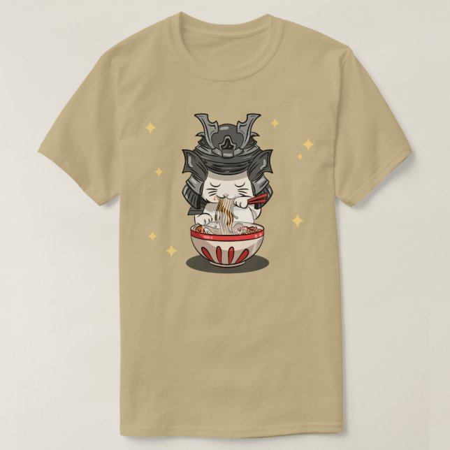 Camiseta Kawaii Samurai Neko Cat Kitten Ramen Nood (Frente do Design)