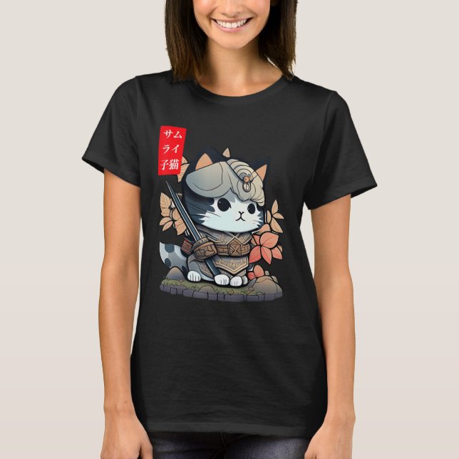 Camiseta Kawaii Samurai Warrior Kawaii Gato Japonês E (Frente)